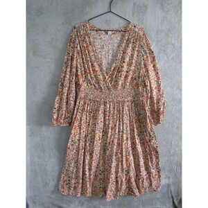 Old Navy Floral Smocked Waist V Neck Long Sleeve Dress Womens 3X Pink Orange
